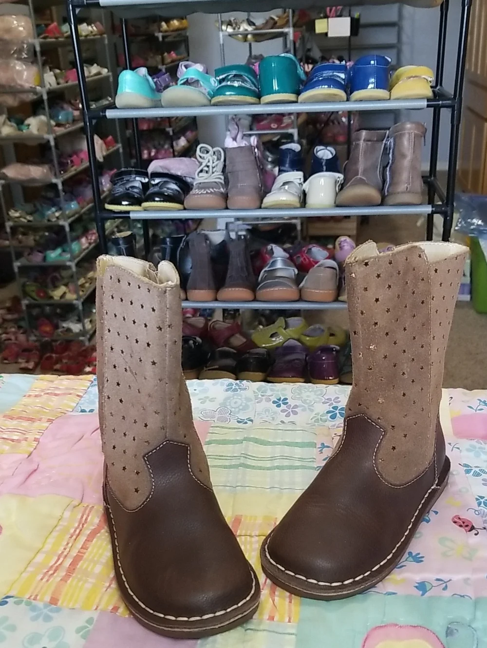 Livie & Luca Brown Leather and Tan Suede Boots With Gold Foil Stars Size 10 Vega